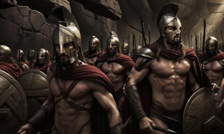 300sprtns, otherworldly, best quality, masterpiece, trending on arstation, ancient Greeks, ancient Spartans, red capes, round shields, spears, Corinthian helmet, men, cinematic lighting,