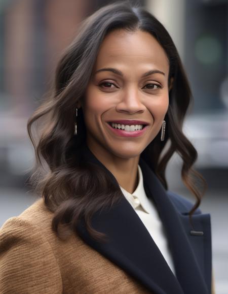 professional portrait photo of zsldngotg woman,  standing in the street, smiling, candid, promotional photoshoot, upcoming movie trailer, sharp focus, hd,  <lora:Zoe Saldana-000005:1>