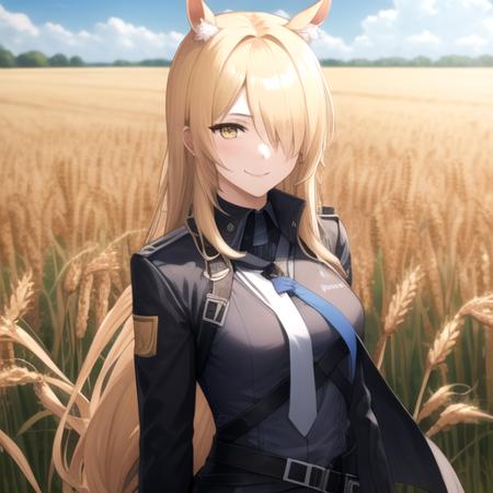 ((masterpiece)),(best quality),official art,extremely detailed CG,unity 8k wallpaper,ultra detailed,wheat field,1girl,solo,upper body,mlynar (arknights),medium breasts,long hair,animal ear fluff,animal ears,belt,black jacket,black pants,blonde hair,blue shirt,emblem,gauntlets,hair over one eye,horse girl,horse ears,light smile,white necktie,yellow eyes,<lora:Mlynar(ark)>,