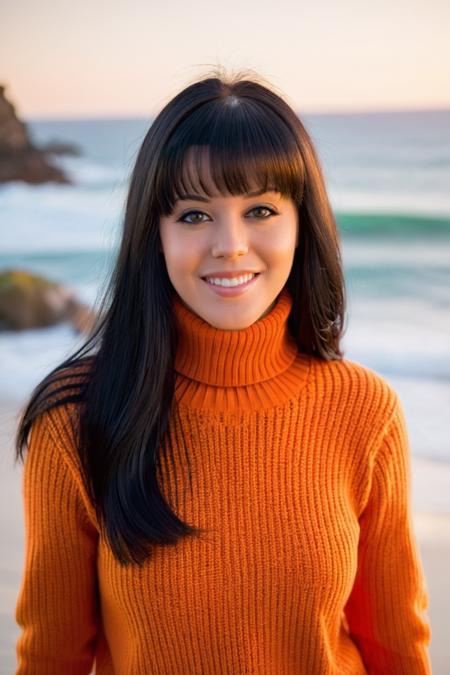 portrait photography of ohwx woman, smile, with long black hair and bangs, black eyeliner, stands in a beach with ocean waves behind her, facing_viewer, orange turtleneck sweater, natural light, at dawn, sharp focus, high quality, artistic, unique, award winning photography, photo taken by Canon 5d Mark IV with 70mm lens, cinematic photo, high end fashion photography, vivid colors<lora:WoBryci01SDXL:0.850000>