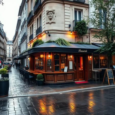 A beautifully lit and composed professional photograph of a Parisian brasserie on a busy street along the seine, the restaurant is an oasis from the busy street, tucked in and cozy, wet cobblestones, high resolution, early morning rain, weathered limestone and wood, fine details of plants and trees, ultra realistic modern day scene,