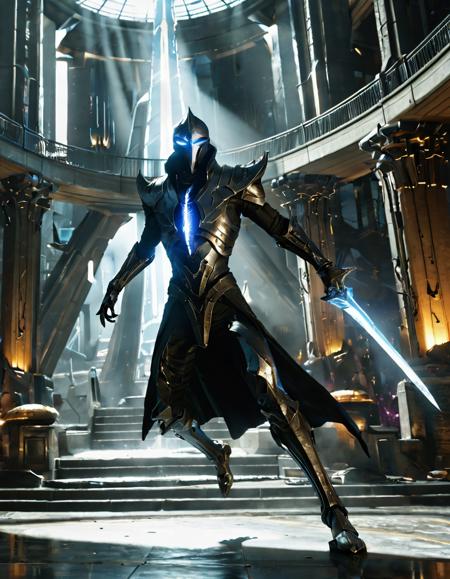 score_8_up, score_7_up, score_9, perfect lighting, masterpiece, realistic style, Excalibur Umbra, action pose, mid-air, indoors, energy blade raised, science fiction, orokin tower, dark and gritty <lora:Zariman_PONY:1>