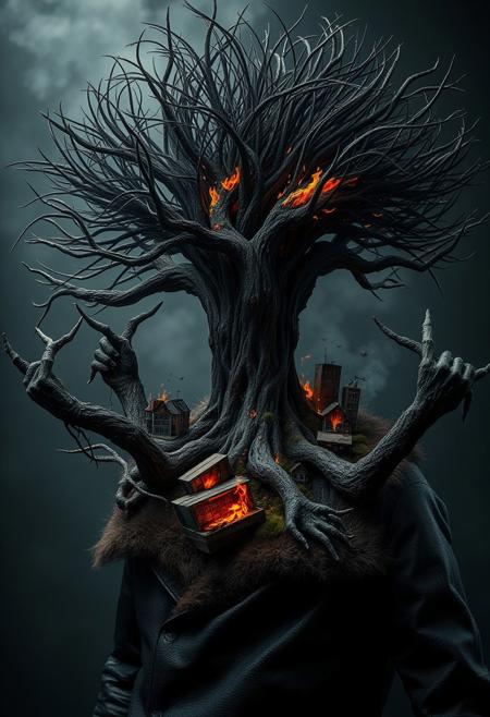 Subject: Tree entwined by multiple human-like arms
Arms: Wild, windswept black hair with exaggerated spikes, adding dynamic energy
Tree: Dark, moss-covered bark, central focus of the image
Environment: Miniature burning city integrated into his head, with flames, smoke, and crumbling buildings
Lighting: Soft and diffused, minimal highlights, emphasizing eerie shadows
Heavy leather jacket with fur-lined collar, detailed texture, dark tones
Mood: Creepy, mysterious, and otherworldly
Hyper-realistic surrealism with intricate details and dramatic contrasts