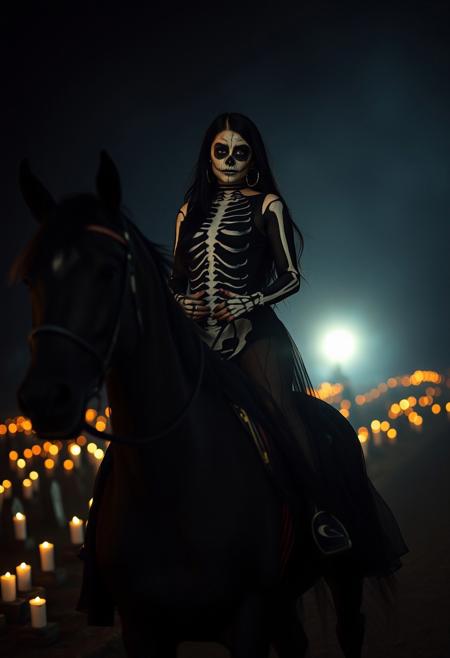 (masterpiece, best quality), score_9, score_8_up, score_7_up, masterpiece, 4k, Latina girl, alternative, long black hair, bedroom eyes, wide hips, flowing sheer black dress, dia de los muertos makeup, painted skeleton body paint, galloping on a black horse with skeleton body paint in a cemetery at night, candles everywhere, dark background, vignette, dynamic lighting, dynamic shadows, bokeh, low light, depth of field, highly detailed, high contrast, film grain, Rim Lighting,