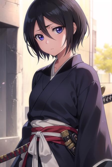 rukiakuchiki, <lora:rukiakuchiki-lora-nochekaiser:1>,
rukia kuchiki, shorthair rukia, short hair, black hair, hair between eyes, (purple eyes:1.1),
BREAK weapon, japanese clothes, sword, kimono, katana, sheath, hakama, black kimono, long sleeves, wide sleeves,
BREAK outdoors, city
BREAK looking at viewer, (cowboy shot:1.5),
BREAK <lyco:GoodHands-beta2:1>, (masterpiece:1.2), best quality, high resolution, unity 8k wallpaper, (illustration:0.8), (beautiful detailed eyes:1.6), extremely detailed face, perfect lighting, extremely detailed CG, (perfect hands, perfect anatomy),