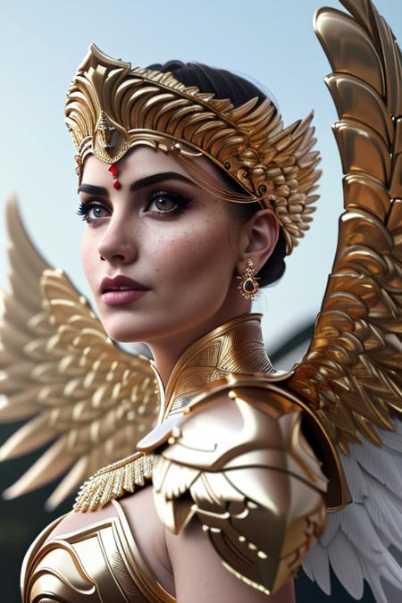 A 3d render of  epic portrait close shot of beautiful turkish woman wearing with angelic feathered wings, gold armour, neckline,  fine - art photography, epic cinematic portrait highly detailed, 8K, stunning, hdr, subsurface scattering, global illumination, film still, backlit Film-like, bokeh, 3d,