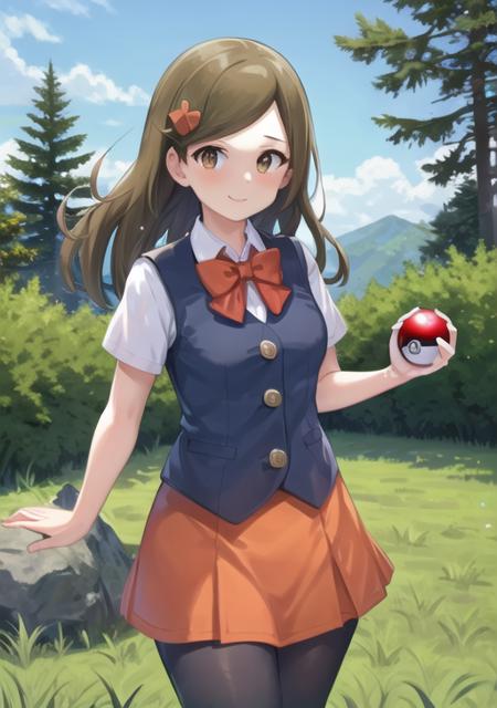 <lora:LassDP:0.7> LassDP, 1girl, solo, looking at viewer, smile, bangs, skirt, shirt, bow, holding, closed mouth, standing, white shirt, short sleeves, pantyhose, pleated skirt, outdoors, sky, day, cloud, bowtie, vest, red bow, tree, blue sky, black pantyhose, buttons, grass, red bowtie, nature, poke ball, black vest, rock, orange bow, poke ball (basic), holding poke ball, orange skirt, orange bowtie