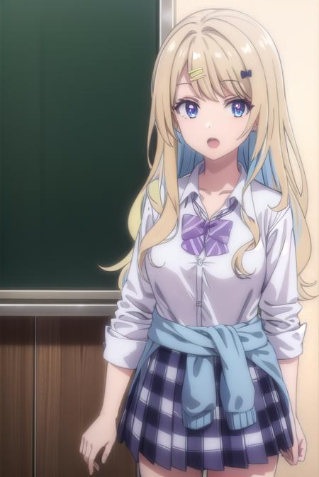 lunashirakawa, <lora:lunashirakawa-lora-nochekaiser:0.8>,
luna shirakawa, long hair, blue eyes, blonde hair, hair ornament, bow, multicolored hair, hairclip, <lora:talkmouth_O_v100:1>, open mouth, smile,
BREAK skirt, shirt, thighhighs, bow, school uniform, white shirt, pleated skirt, shoes, black thighhighs, bowtie, blue skirt, plaid, plaid skirt, loafers, purple bow, clothes around waist, gyaru, purple bowtie,
BREAK looking at viewer,
BREAK indoors, classroom, (cowboy shot:1.5),
BREAK <lyco:GoodHands-beta2:1>, (masterpiece:1.2), best quality, high resolution, unity 8k wallpaper, (illustration:0.8), (beautiful detailed eyes:1.6), extremely detailed face, perfect lighting, extremely detailed CG, (perfect hands, perfect anatomy),