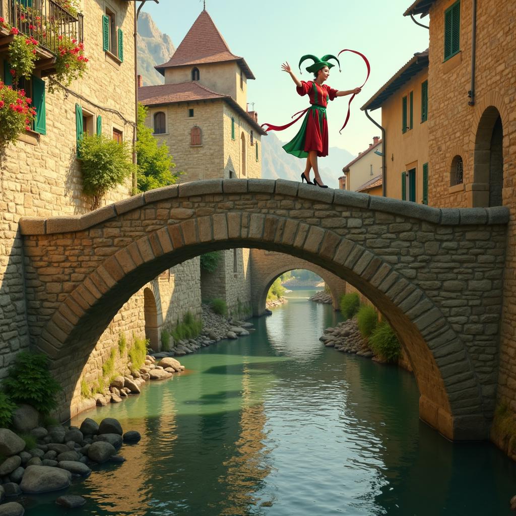 Imagine an image in the style of photorealism of a female jester standing on a stone bridge over a medieval river, performing a dance with a long, flowing ribbon. Her green and red jester costume contrasts with the ancient stonework of the bridge, while the water below reflects the warm afternoon light.