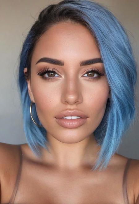 beautiful young woman portrait photo, blue hair, realistic very light freckles on face, only brown eyez, light brown eyes, latina influencer, instagram model, very slightly rough skin, realistic portrait, realistic ambience light, light makeup, large breasts