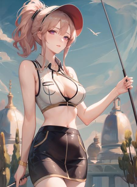 1girl,masterclass,best quality, illustration,  outdoors,city,standing,ClemenceauGolf, collared_shirt, large_breasts,pencil_skirt,miniskirt, ponytail,   sleeveless_shirt,    visor_cap,  white_shirt,   <lora:clemenceau_d8_v2_e6:1>