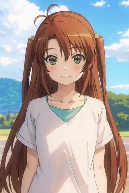 best quality, masterpiece, highres, solo, {koshigaya_komari_nonnonbiyori:1.15}, brown_hair, long_hair, green_eyes, blush, antenna_hair, bangs, 1girl, day, outdoors, upper_body, closed_mouth, shirt, smile, collarbone, looking_at_viewer, hair_between_eyes, blue_sky, cloud, sky