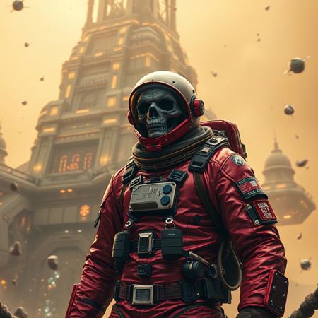 A cinematic shot of an undead lich astronaut in a vibrant metallic red spacesuit standing in the foreground, with a massive, ziggurat spacestation as the backdrop. The spacestation is adorned with numerous lights, windows, and technical details. The astronaut's suit is equipped with various gadgets and patches. The atmosphere is filled with floating debris and a hazy golden glow