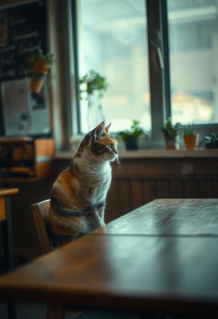 (Soft Lighting Photography by Mimoza Veliu and Mario Giacomelli:1.2), NSFW, a cat sitting alone at a wooden desk, gazing quietly out the window with a wistful expression,  classroom filled with subtle ambient light, chalkboard behind her with faint handwriting, hanging plants and posters evoke a lived-in academic atmosphere — shallow depth of field, soft focus. The image appears sharp, with vibrant colors and a clear focus, possibly indicating high resolution and professional quality