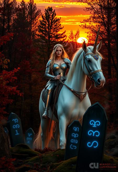 Regal blonde woman with large breasts under ornate silver armor astride majestic white unicorn. The unicorn has only one head, crowned with a single pearlescent horn. Golden bridle and saddle adorned with sapphires. Forest ablaze with autumn hues - crimson maples, golden oaks, amber beeches. Crisp air carries scent of fallen leaves and distant woodsmoke.
Breathtaking sunset paints sky in vivid oranges, pinks, and purples. Last rays filter through trees, casting long shadows and bathing scene in warm, golden light. Unicorn's horn and woman's hair shimmer in fading daylight.
Woman's determined gaze fixed on horizon. Right hand on unicorn's neck, left on jeweled sword hilt.
Misty tendrils rise from moss-covered forest floor, adding to mystical atmosphere. Ancient standing stones peek through autumn foliage, their surfaces glowing from within from ancient runes that pulse with ethereal blue haze.The luminous symbols hint at forgotten magic, enhancing the scene's mystical quality. Image captures pivotal moment - a legendary hero embarking on epic quest as day gives way to twilight.