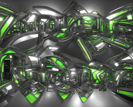 a green room with white walls, in the style of ray tracing, futuristic contraptions, dark silver and chrome, kodak gold 200, photorealistic tensorfunk (jxstch details), multilayered ddfusion dimensions, dark reflections, (recursion)