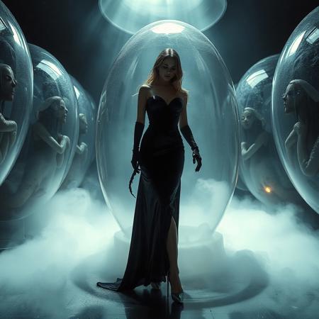 noble norvegian femme fatal lady  standing trying to break free from giant transparent slime egg  encasement,  wearing evening GLOSSY THIN black slime live tentacles gown, GLOVES  and high heels, , surrounded by  weird fog from the floor, captured in light beam from celling,  giant slime covered transparent eggs  with encased ladies at background, breeding chamber,  ultrathin waisT, HORROR,  reminiscent of H.R. Giger, Zdzisław Beksinski, and Ash Thorp's dark, sleek styles, with close-up glamour photography, glossy satin and silver heels glistening, fleshy slime dripping, and dark shadows.