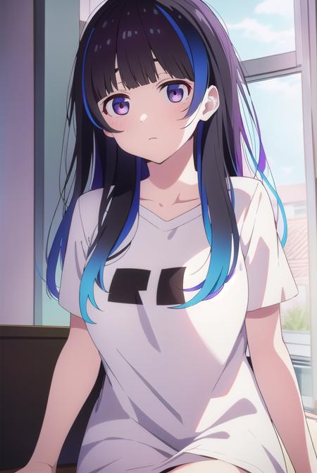 mini yaemori, long hair, bangs, black hair, blue hair, (purple eyes:1.1), multicolored hair, blunt bangs, streaked hair, ahoge, shirt, white shirt, short sleeves, clothes writing, skirt, shirt, animal ears, short sleeves, collared shirt, belt, cat ears, black skirt, uniform, animal ear fluff, parody, blue shirt, pencil skirt, black belt, police, police uniform,