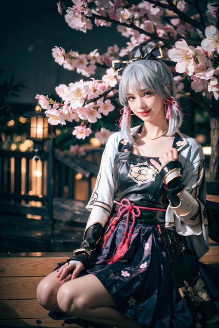 best quality, masterpiece, photorealistic, 1girl, solo, sitting, full body, looking at viewer, smile, closed mouth, bangs, kamisato cosplay costume, cosplay, light blue hair, long hair, ponytail, hair ornament, ribbon, hair ribbon, japanese clothes, armored dress, japanese armor, arm guards, fingerless gloves, tress ribbon, tassel, cherry blossoms japanese garden, cherry blossoms, tree, night, light, <lora:genshin_Kamisato_cosplay_v1:0.7>