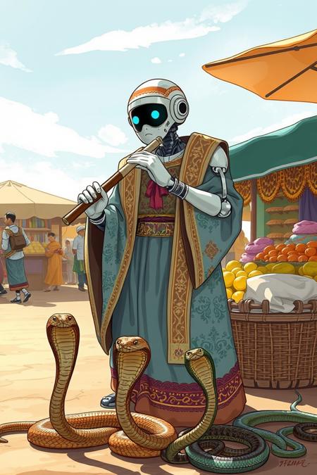illustration of a robot dresses as Moroccan snake charmer, charming snakes with a flute, exotic market, hot weather, sunshine and shadows,