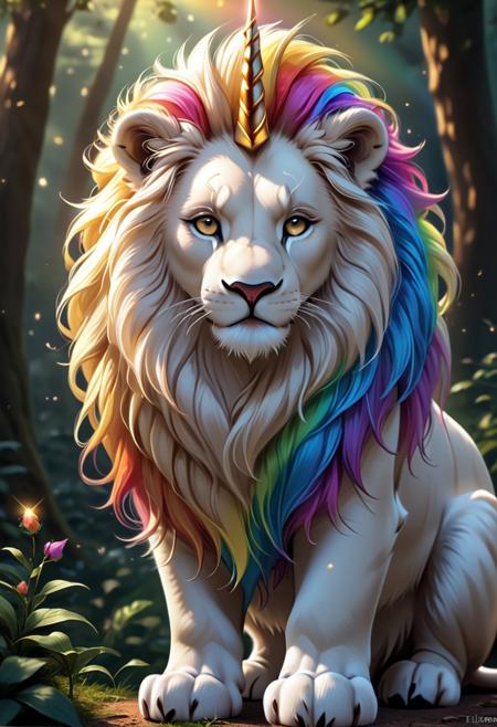 SDXL_POS, flux-style, aidmamj6.1, RainbowUnicornStyle
a (Majestic White Lion with a shining gold horn, :1.8), (Brilliant rainbow colored mane:1.3) ,  in a magical forest,  high detail, photorealistic, high resolution, 8k resolution, studio shot,