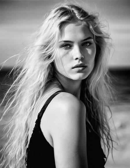 a upper body black and white (right profile) portrait of a woman with long hair and a very big round face, (looking over her sholder:1.4), bright expressive eyes, paolo roversi, blond hair, beautiful catgirl, dark and intricate photograph, directed gaze, woman on the beach, cherub, perfect female, woman, banshee, (low contrast:1.4) flash-photography, (flim grain:1.6)