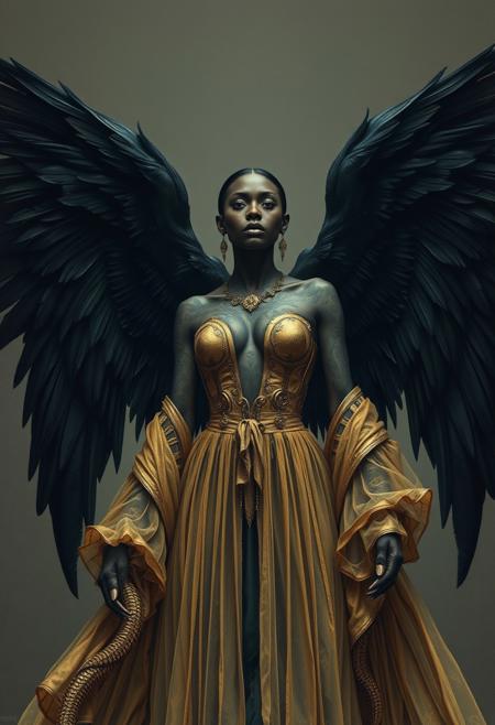 full shot, an illustration of Chelsea Wolfe, beautiful, sensual, transparent gothic golden clothes, in the style of restrained palette, distressed materials, realistic color schemes, hieratic visionary, figura serpentinata, nicola samori, bold yet graceful, perfect black skin, perfect body, extremely beautiful, extremely tattooed, black swan wings