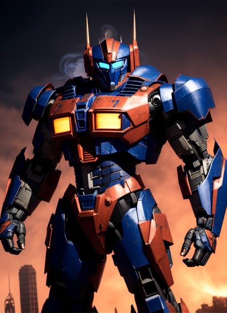 (night scene), upper body portrait of giant opt-6000 with mouthplate standing in battle pose with a gun in his hand, detailed aesthetic mecha design, (blue:0.7) and (red:0.5) (rusty metal), sharp edges and cuts, crisp lines, looking at viewer, highres, superb, very detailed, intricate, unreal engine 5, volumetric lighting, realistic, realistic lighting, cinematic, 4k, cinematic lighting, ruined city background, smoke, stop motion, hyperfocus, tonemapping, sharp focus, hyper detailed, particles and sparkles, dark atmosphere