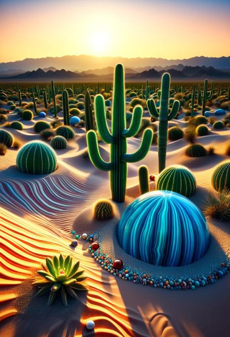 (((reality-shot, realism, realistic photography of a surreal desert landscape inspired by marbles, dunes sculpted from powdered glass dust, cacti shaped like oversized spines adorned with glowing orbs, mirages shimmering like fields of animated chroma effects, minimalist art style, sandy-opal theme, intricate details, ultra sharp, exquisite detail, flawless composition, vivid colors, masterpiece, desolate charm lora:marbles_world:1 )))