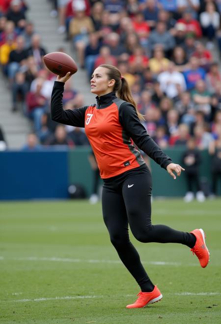 a woman throwing an American Football