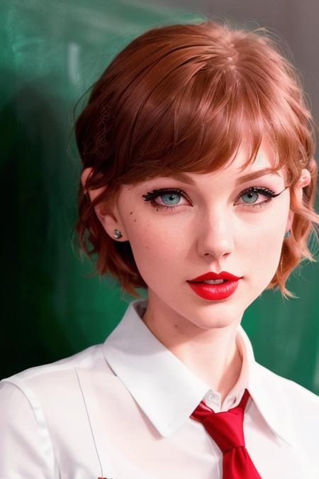 photo of tswift-2400:0.99, a woman,((dark red hair, short hair, pixie cut):1.2), ((closeup, portrait):1.1), ((red lipstick, eyeliner, eye shadow):1.2), ((classroom, chalkboard, desk):1.1),((necktie, white shirt):1.2) ((best quality, masterpiece, extreme details, high resolution):1.2), ((beautiful eyes, detailed eyes, detailed face, beautiful face):1.2)