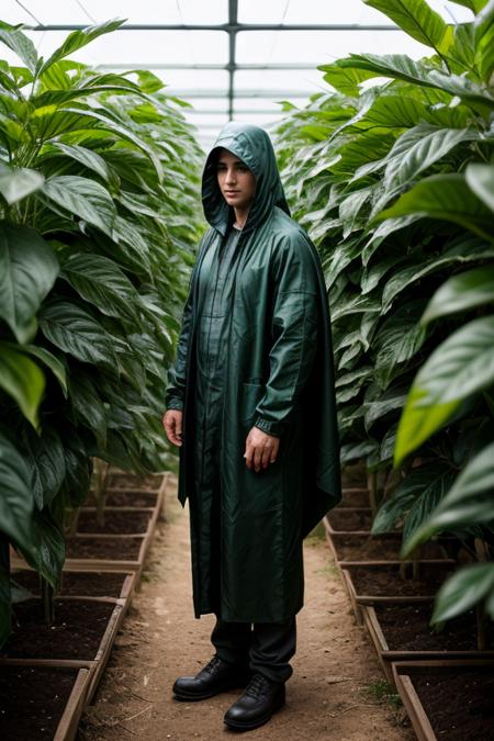 photo of a botanist, cloaked in living photosynthetic clothing,standing , full body, advanced agricultural lab setting, surrounded by lourishing plants, with natural lighting, from a front angle, shot on a Sony A7R IV with a macro lens <lora:more_details:0.6>