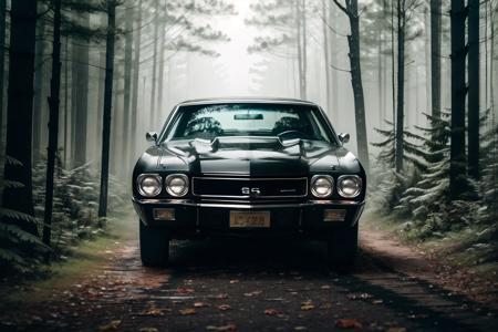 <lora:chvll-000006:0.6> chvll black body, front view, driving through a forest, scene from the show supernatural, masterpiece, award winning, dark and eerie forest, dramatic lighting, foggy:1.0, muted colors, sharp focus, smooth, intricate details, 8k wallpaper, trending on artstation