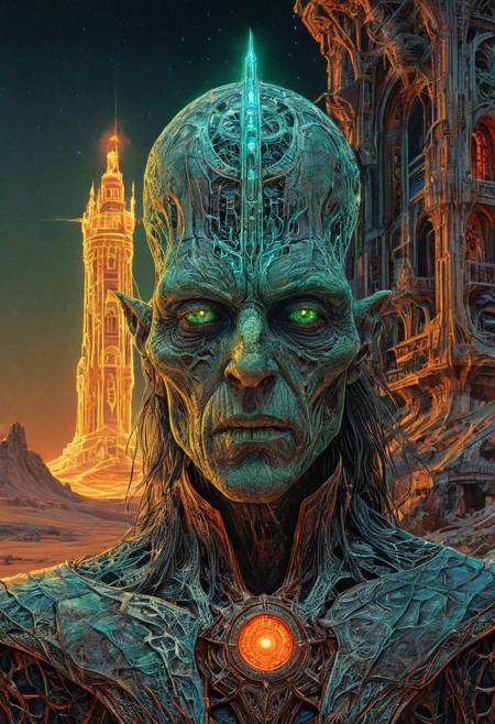 back view, appears trapped in an optical illusion of reflections and refractions. Illustration by moebius, a tower in a desert, intricate details, an undead wizard with glowing turquois eyes wearing robes that are red and black with an intricate pattern of YellowGreen lightening motif have the wizards hands spread out with energy glowing around his hands that are the same color as his glowing eyes also have the mouth open and the face of the undead wizard look very decayed but still have some flesh medium grain, FRESHIDESH Moebius comic book