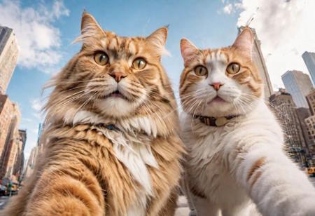 (dogs and a big fat fluffy cat, smiling taking a selfie) with a (super wide angle lenses:0.67). happy vibes, New York city center backdrop. warm lighting. Masterpiece, 8k uhd, iconic, cinematic