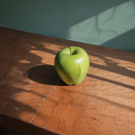 A green apple, film grain, authentic canon camera film, shadow, near the window, on a flat wood table, close-up