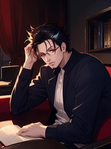 masterpiece,best quality,highres,cinematic lighting,dramatic angle,<lora:ShadowverseBelphomet:0.8>,1man,black hair,glasses, heterochromia,blue eyes,red eyes,mask,one eye covered,white shirt,sitting on sofa,tired,looking at viewer,matured