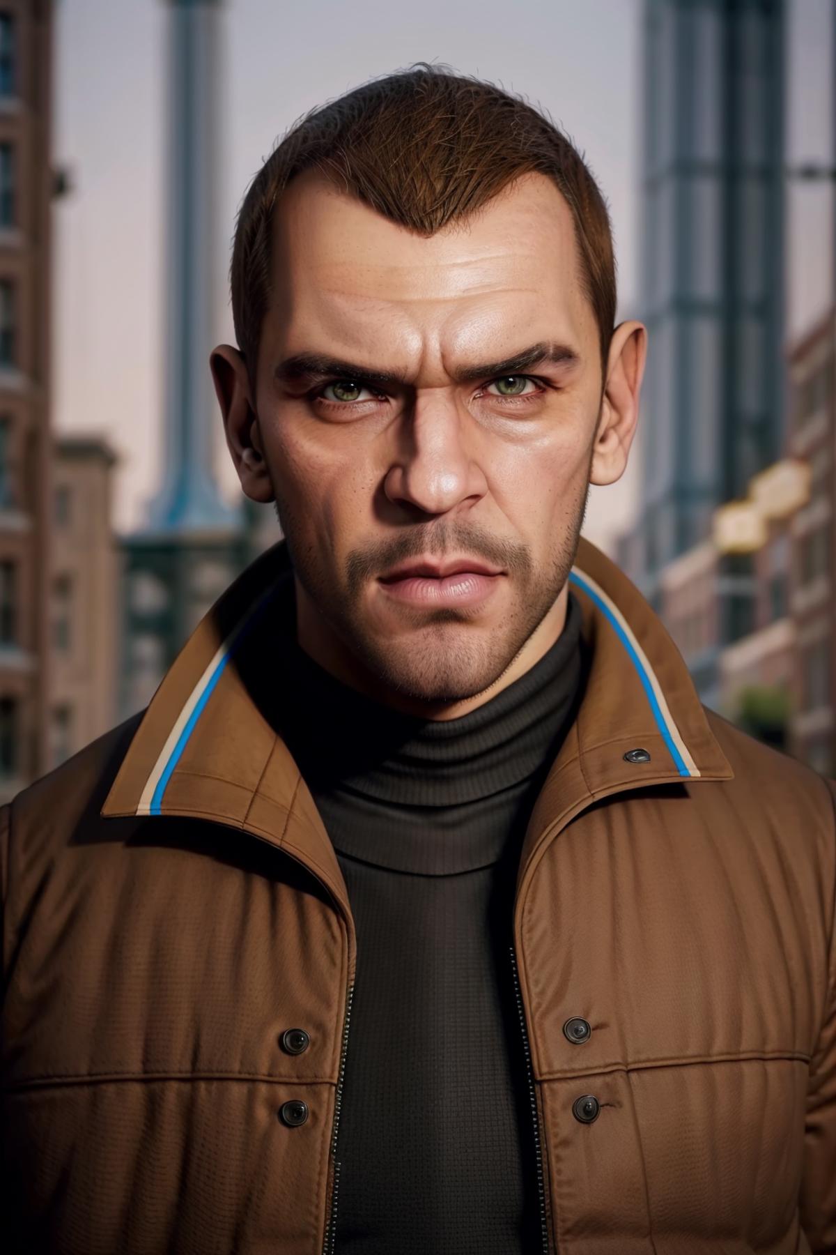 A man wearing a brown jacket and a collar, looking serious and intense.