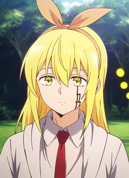 mashle <lora:mashle_offset:1.3>, masterpiece, best quality,1girl, blonde hair, necktie, yellow eyes, long hair, meme, red necktie, ribbon, outdoors, hairband,  hair between eyes, shirt, hair ribbon, (facial mark:0.6)