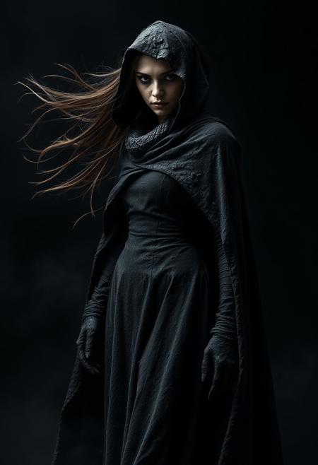 black snake-woman wearing a grunge and dirt cape, Dark Style, gothic Style, long cape, wind, dark background, mist, photography studio style, hyper realistic, ultra detailed