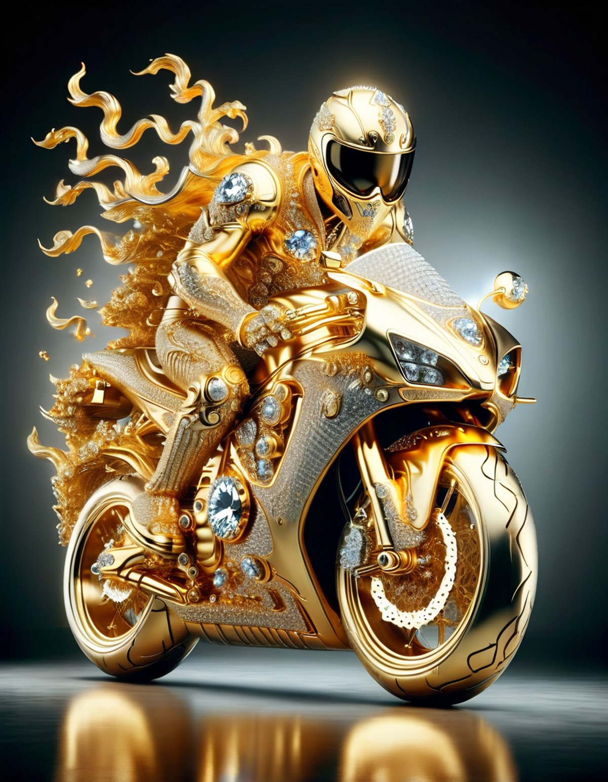 ral-bling, motorcycle, with gold exhaust, skeleton with diamond gear riding the bike, burnout with flames on the road, at ...