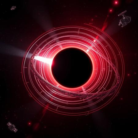 Dyson sphere made of multiple rings surrounding a black hole, deep space, futuristic space station orbiting Dyson sphere, black hole emitting red energy