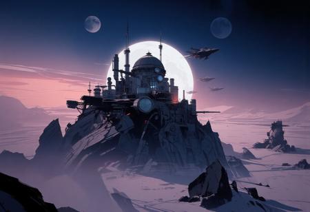 Seen from the sky, a futuristic city rises in the middle of an icy expanse. The scene takes place on another planet, as two moons are visible in the sky. The city is perched on a massive rocky spur, its architecture sleek and harmonious, made of glass and steel. A large building with a grand dome overlooks the city, and communication antennas are scattered throughout.
Space traffic is visible, with several spacecraft above and below, some docking at the city's elevated astroport. On the ground, a few mining vehicles operate. The city is surrounded by a vast frozen desert, with occasional jagged rocks protruding from the ice.
The sky remains bright as the sun sets behind us, casting a cold glow over the scene. The atmosphere is nocturnal, dominated by deep bluish tones.