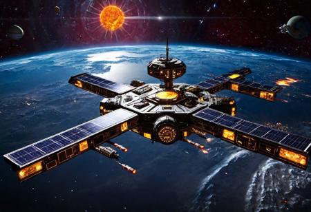 Photograph, advanced space station, twilight imperium war sun, machine of war, extremely highly detailed, overwhelming size, vastness of space, solar system and planet in the background, twilight imperium
