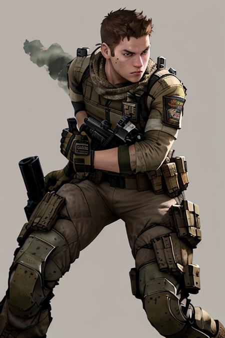 <lora:piers_v2:1>piers, solo, simple_background, brown_hair, gloves, white_background, holding, weapon, male_focus, boots, holding_weapon, uniform, gun, military, military_uniform, holding_gun, rifle, realistic, assault_rifle, knee_pads, load_bearing_vest