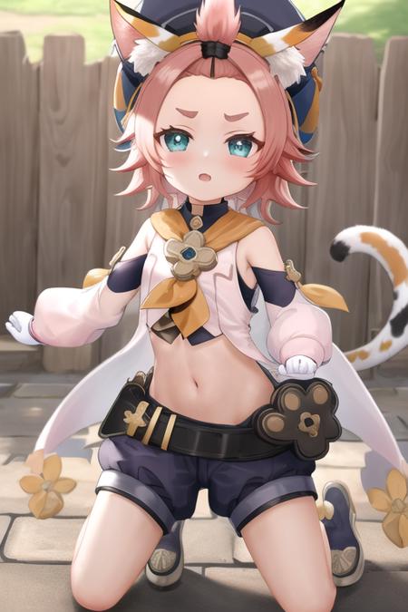 masterpiece,best quality,diona\(genshinimpact\), 1girl, solo,pink hair, hat,gloves, detached sleeves,paw print,shirt,belt, shorts, navel,kneeling,village