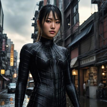 score_9, score_8_up, score_7_up, best quality, realistic, masterpiece, beautiful detail, hyperrealistic, night, ((1girl, woman body, large breast)), amazing detailed full body of a beautiful japanese girl, wearing a realistic and highly detailed black raimi spider-man suit, ((defined muscular girl)), professional model wears ultra - detailed black raimi spider - man suit, ultra - detailed and grained black raimi spiderman suit, suit covered entire body and hand, black spiderman gloves, wet, (through old japanese city), (dirty skin), close up, octane render, highly detailed, volumetric, dramatic lighting, (highest quality:1.1), (HDR:1.3), (top quality, best quality), realistic, high definition,