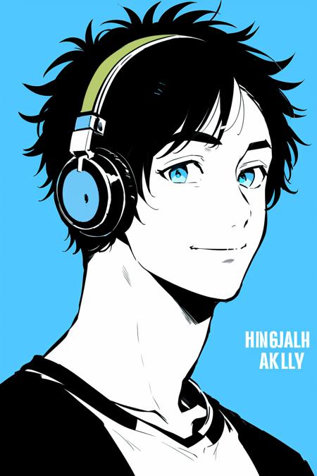 masterpiece, best quality,  <lora:fstyle01-000010:1>,1boy, male focus, raglan sleeves, black hair, headphones, smile, solo, blue eyes, blue background, headphones around neck, character name, shirt, paper