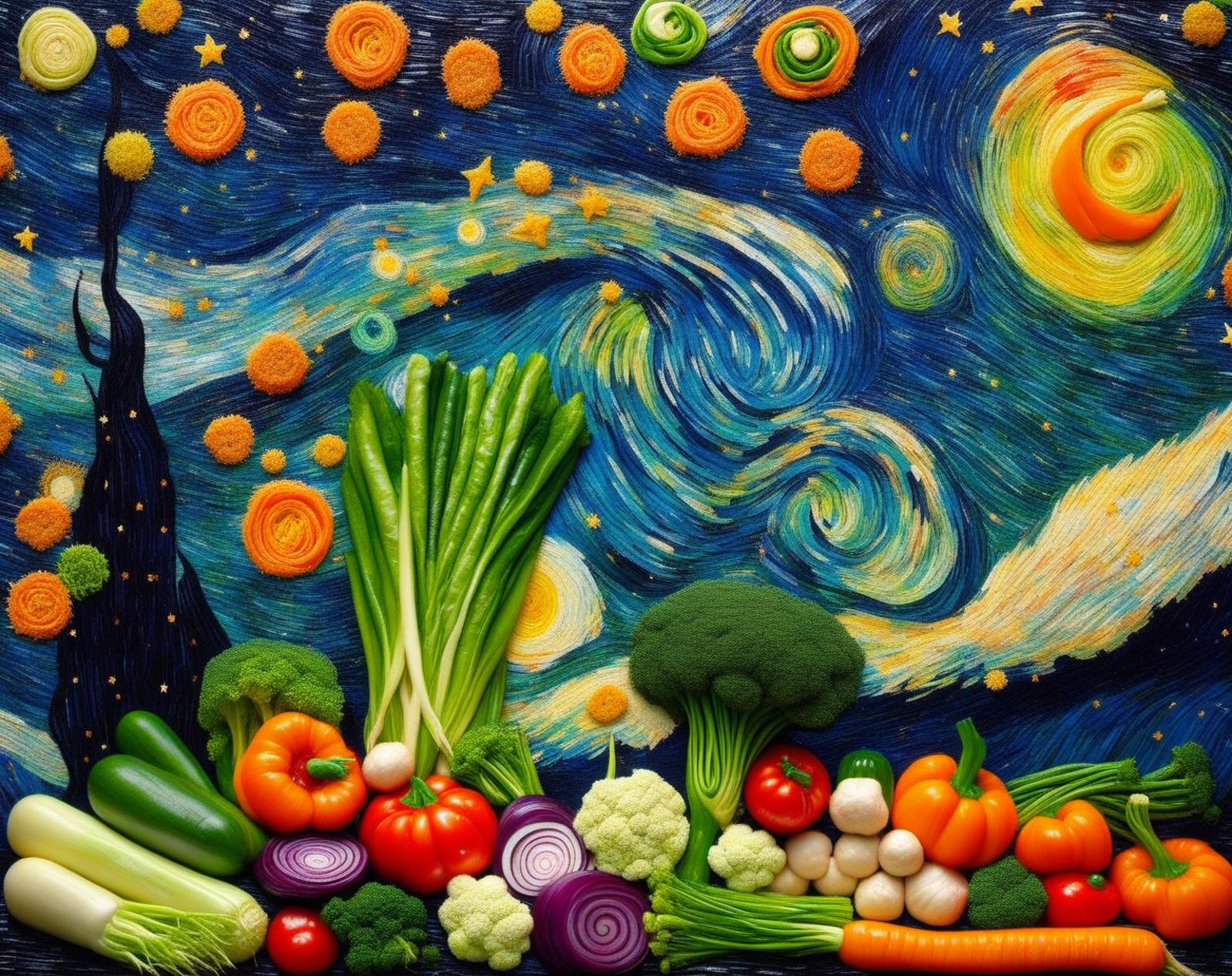 Artistic Display of Fresh Vegetables and Fruits Inspired by Van Gogh's Starry Night