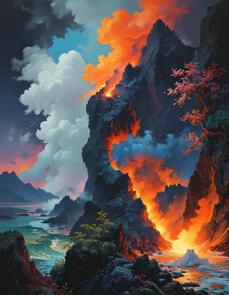 ([by Hiroshi Nagai and by Hans Baldung|by Frederick Carl Frieseke and by Henry Moret]:1.5), kindly, conquer, reveal, volcano, conjure, conscious, resurrect, divergent, fantasy, cradle, (Quantum Chromatics, shifting colors, dynamic hues, quantum brushstrokes, chromatic paradoxes:1.3)
